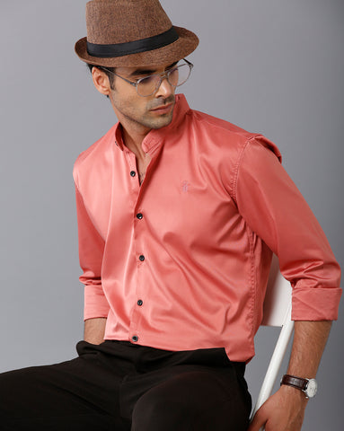 Satin Coral Pink Chinese Collar Shirt