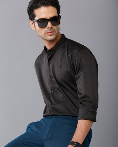 Satin Black Chinese Collar Shirt