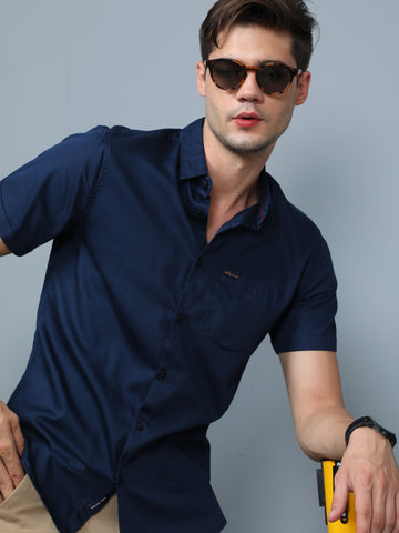 Navy Blue Cotton Satin Half Sleeve Shirt