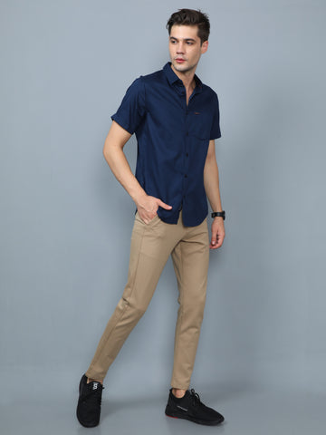 Navy Blue Cotton Satin Half Sleeve Shirt