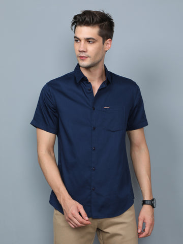 Navy Blue Cotton Satin Half Sleeve Shirt