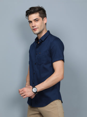 Navy Blue Cotton Satin Half Sleeve Shirt