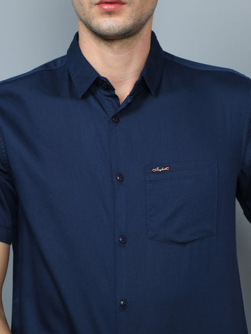 Navy Blue Cotton Satin Half Sleeve Shirt