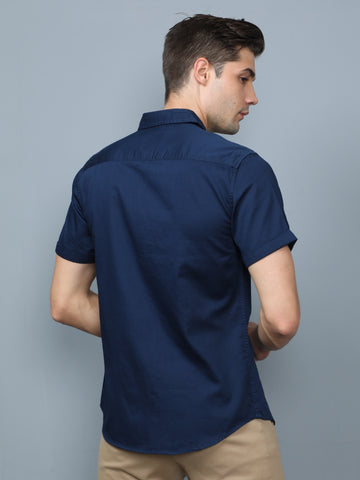 Navy Blue Cotton Satin Half Sleeve Shirt