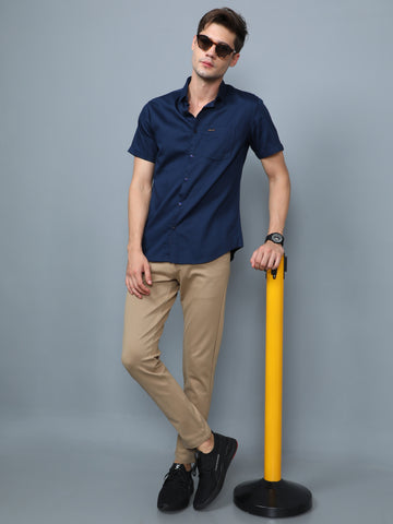 Navy Blue Cotton Satin Half Sleeve Shirt