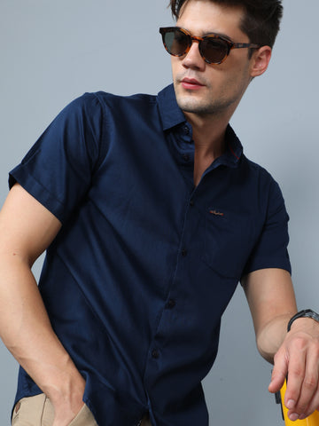 Navy Blue Cotton Satin Half Sleeve Shirt