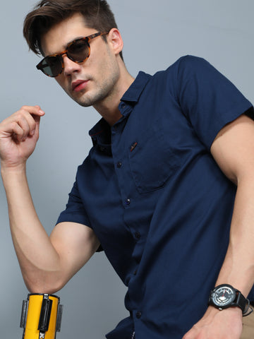 Navy Blue Cotton Satin Half Sleeve Shirt