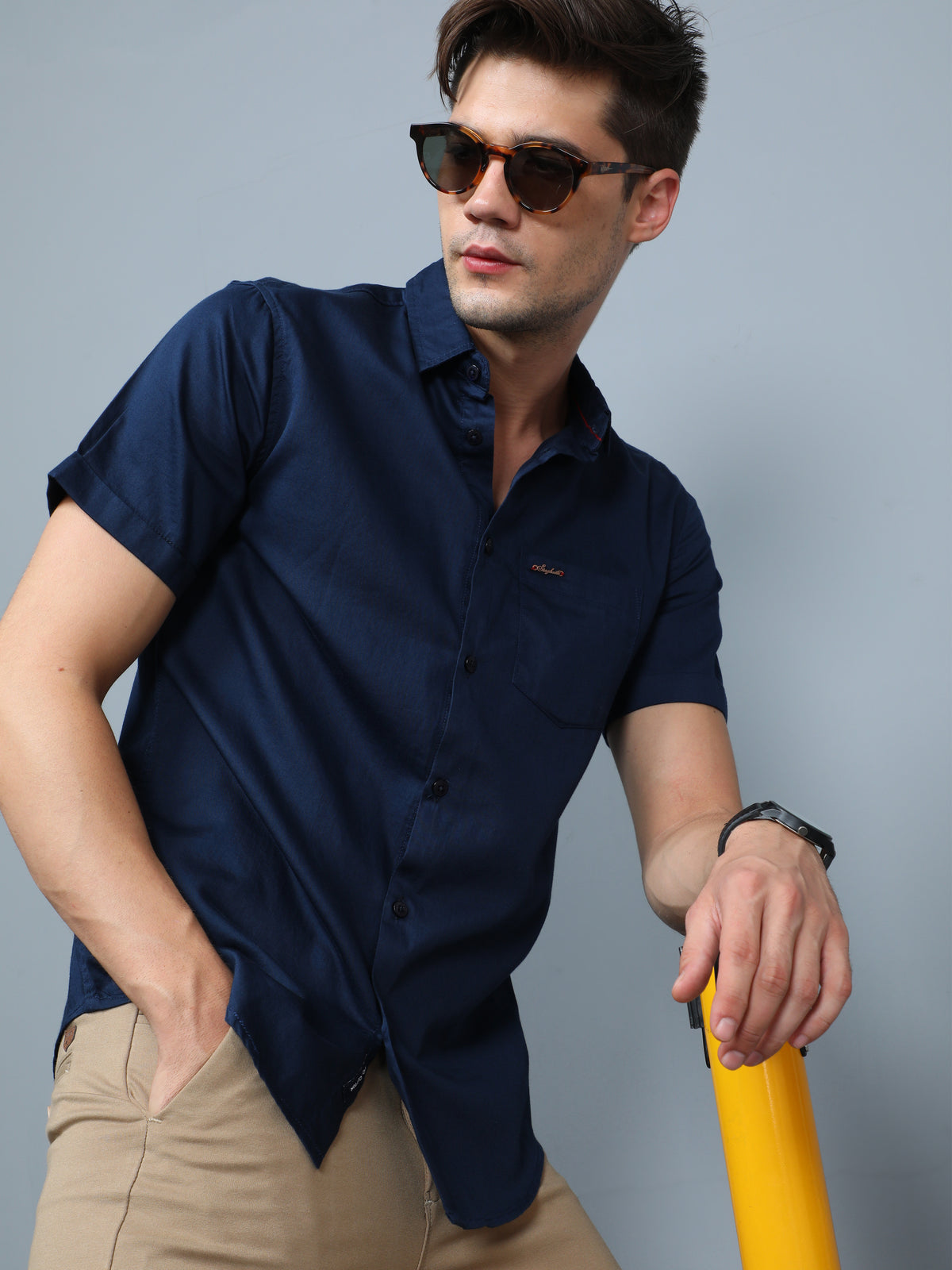 Navy Blue Cotton Satin Half Sleeve Shirt