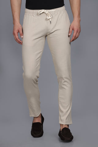 Solid Beige Ankle Fit Linen Lycra Joggers