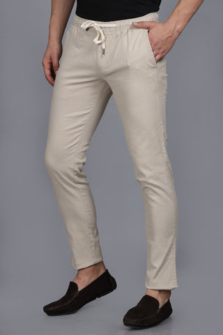 Solid Beige Ankle Fit Linen Lycra Joggers