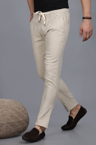 Solid Beige Ankle Fit Linen Lycra Joggers