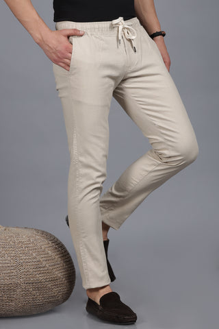 Solid Beige Ankle Fit Linen Lycra Joggers