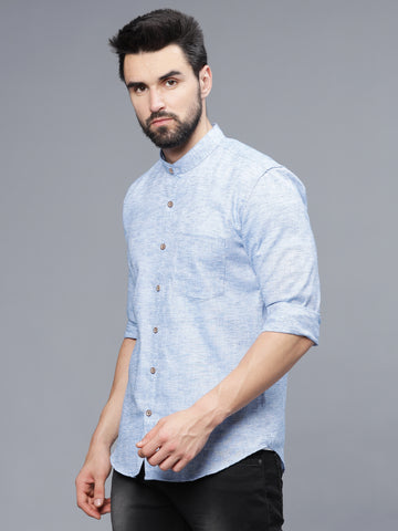 Steel Blue Linen Chinese Collar Slim Fit Shirt