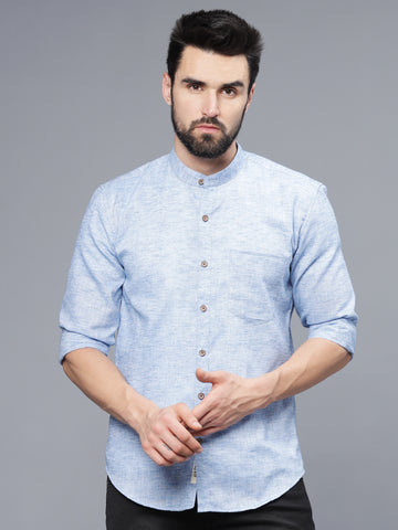 Steel Blue Linen Chinese Collar Slim Fit Shirt