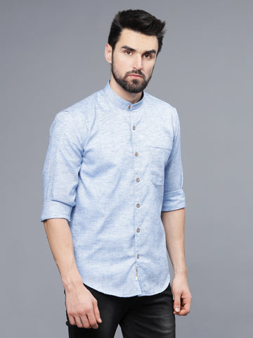 Steel Blue Linen Chinese Collar Slim Fit Shirt