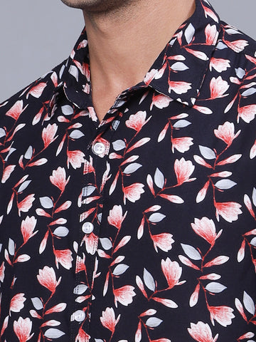 Floral Printed Navy Blue Rayon Half Shirt