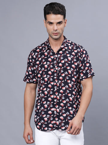 Floral Printed Navy Blue Rayon Half Shirt