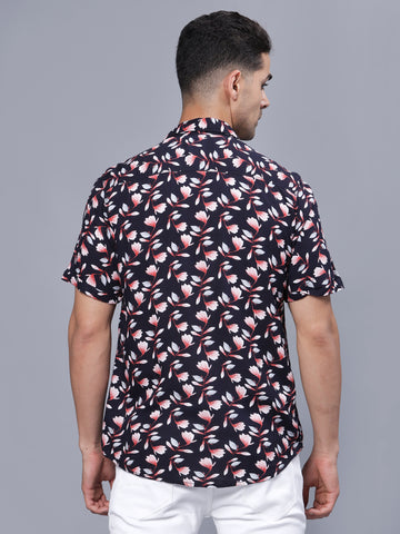 Floral Printed Navy Blue Rayon Half Shirt