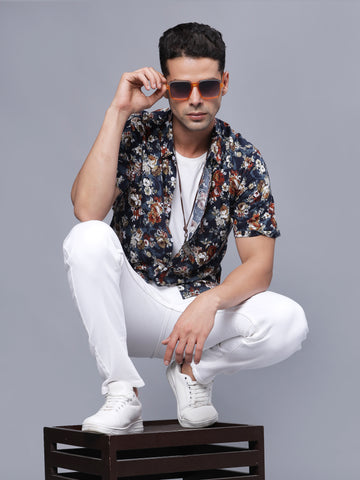 Rayon Blue Floral Printed Half Shirt