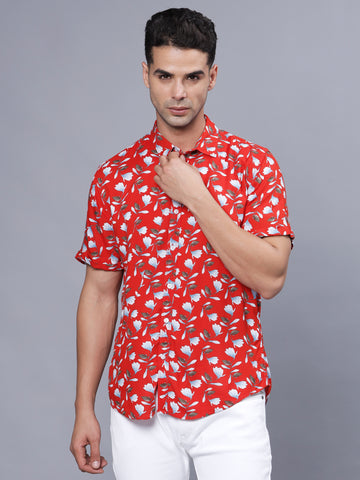 Floral Printed Red Rayon Half Shirt