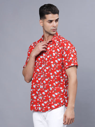 Floral Printed Red Rayon Half Shirt