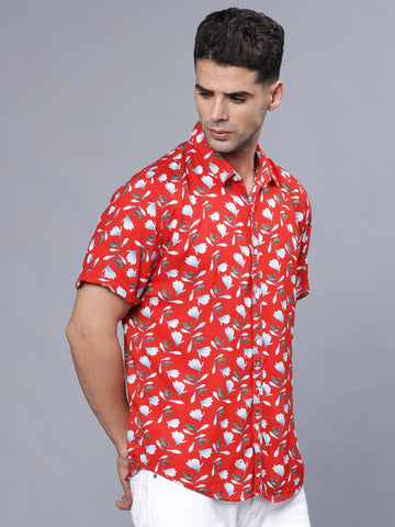 Floral Printed Red Rayon Half Shirt