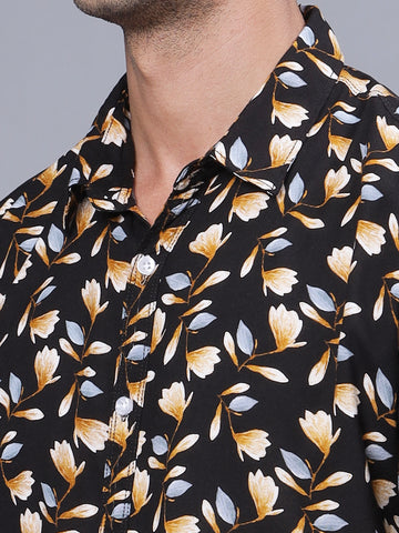 Floral Printed Black Rayon Half Shirt