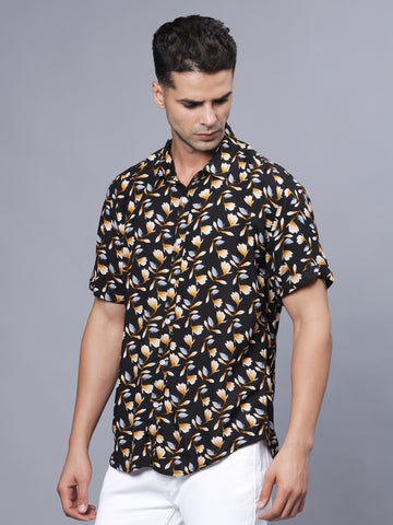 Floral Printed Black Rayon Half Shirt