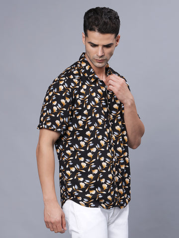 Floral Printed Black Rayon Half Shirt