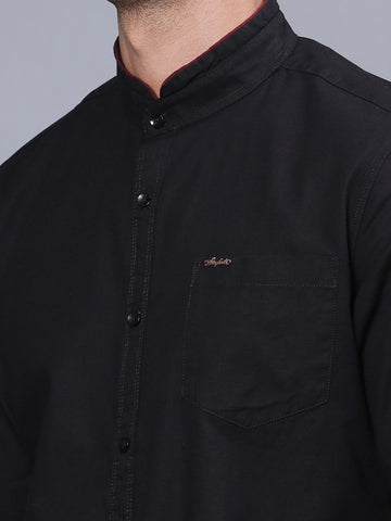 Black Cotton Linen Chinese Collar Slim Fit Shirt