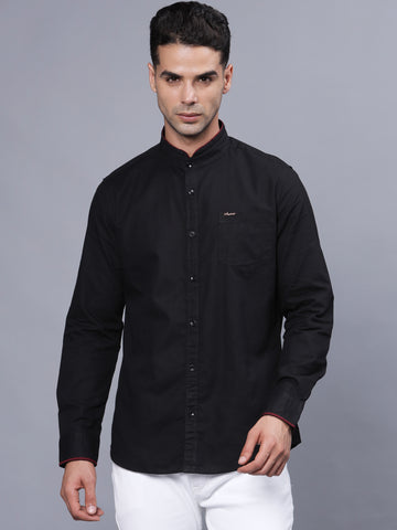 Black Cotton Linen Chinese Collar Slim Fit Shirt
