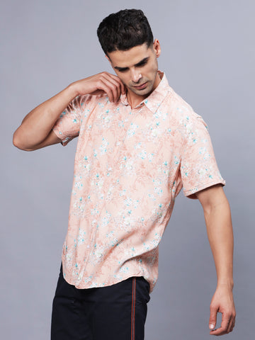 Floral Printed Peach Rayon Half Shirt