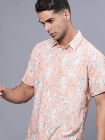 Floral Printed Peach Rayon Half Shirt