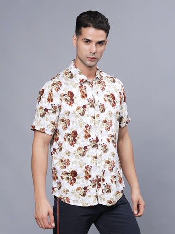 Rayon White Floral Printed Half Shirt