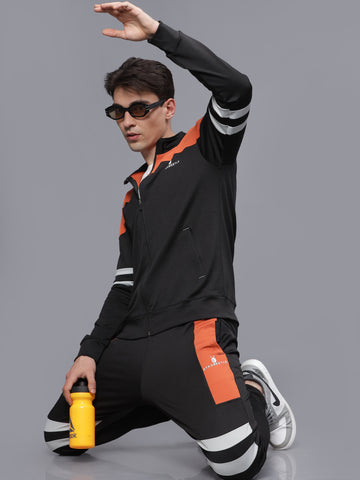 Black | Orange 4 Way Lycra Dry Fit Track Suit