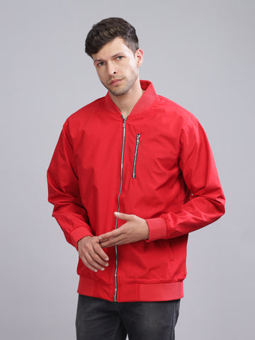 Solid Red Slim Fit Lycra Varsity Windcheater