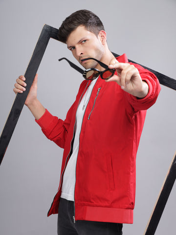 Solid Red Slim Fit Lycra Varsity Windcheater
