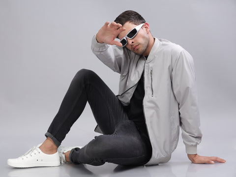 Solid Light Grey Slim Fit Lycra Varsity Windcheater