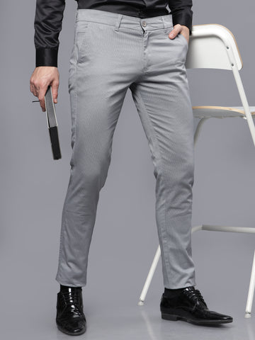 Grey Self Printed Slim Fit Cotton Chinos