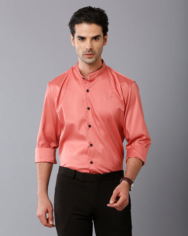 Satin Coral Pink Chinese Collar Shirt