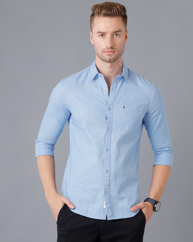 Light Blue Linen Slim Fit Full Shirt