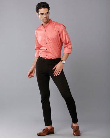 Satin Coral Pink Chinese Collar Shirt