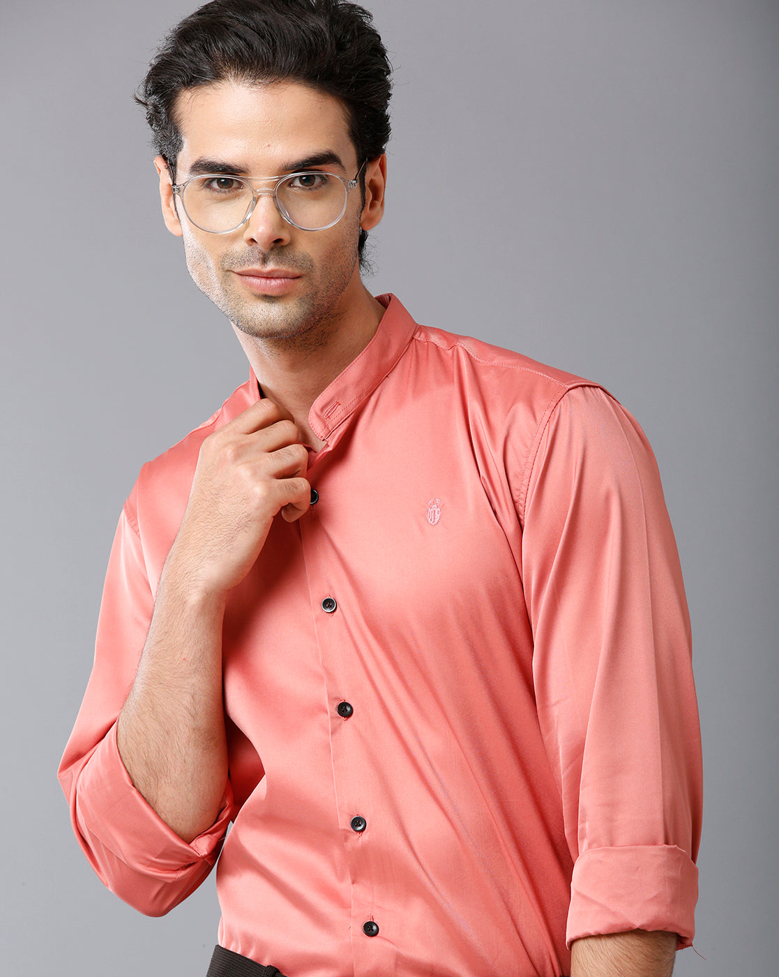 Satin Coral Pink Chinese Collar Shirt