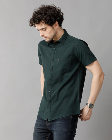 Bottle Green Linen Blend Slim Fit Half Shirt