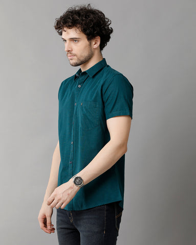 Solid Teal Blue Linen Blend Slim Fit Half Shirt