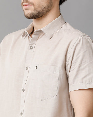 Light Grey Linen Blend Slim Fit Half Shirt