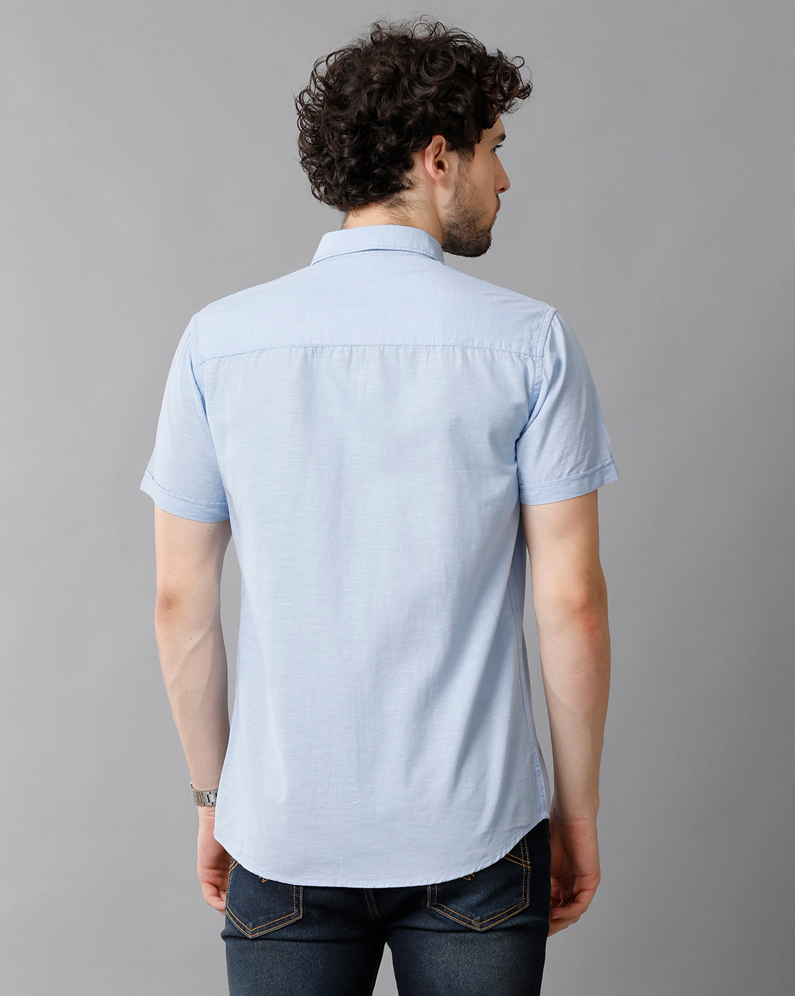 Light Blue Linen Blend Slim Fit Half Shirt