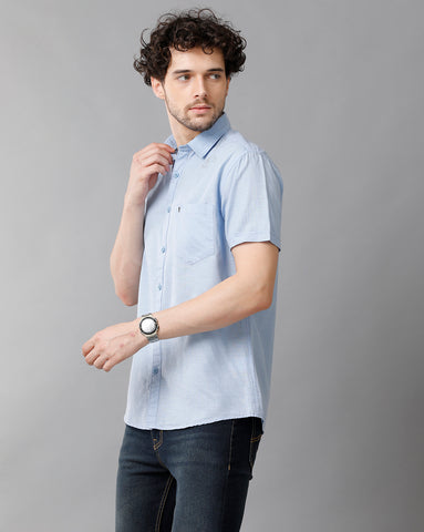 Light Blue Linen Blend Slim Fit Half Shirt