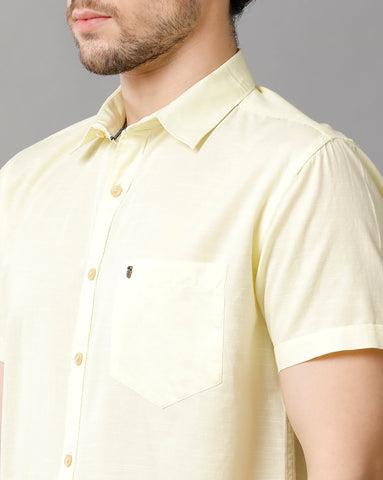 Lemon Yellow Linen Blend Slim Fit Half Shirt