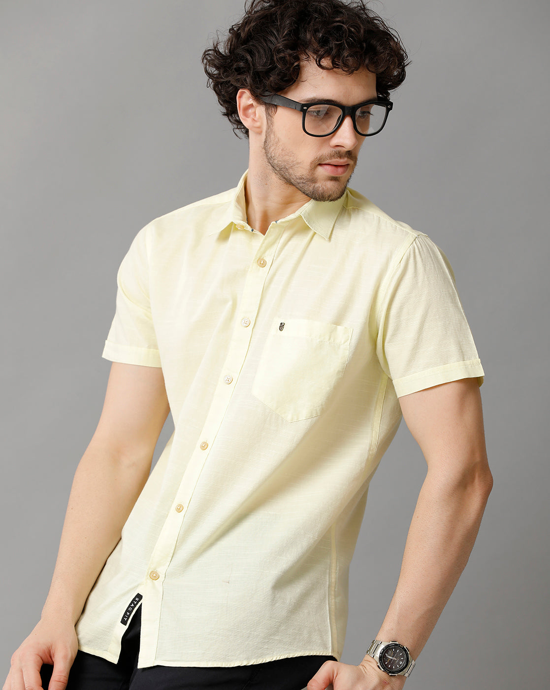 Lemon Yellow Linen Blend Slim Fit Half Shirt